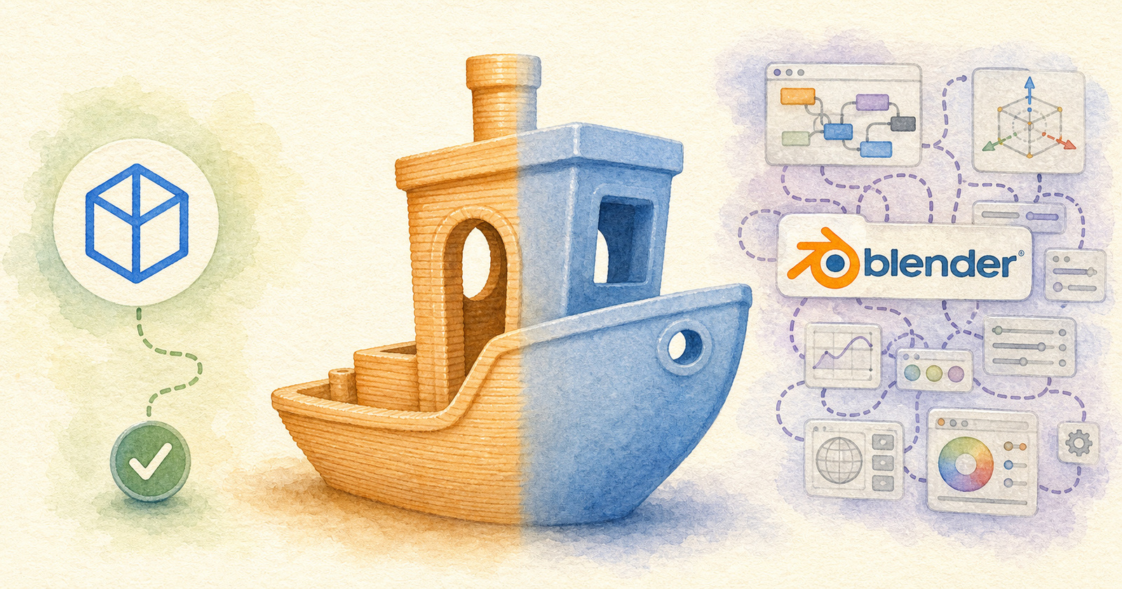A 3DBenchy shown half with rough print layer lines and half smooth and textured, with a simple one-click tool on one side and a tangle of Blender nodes on the other