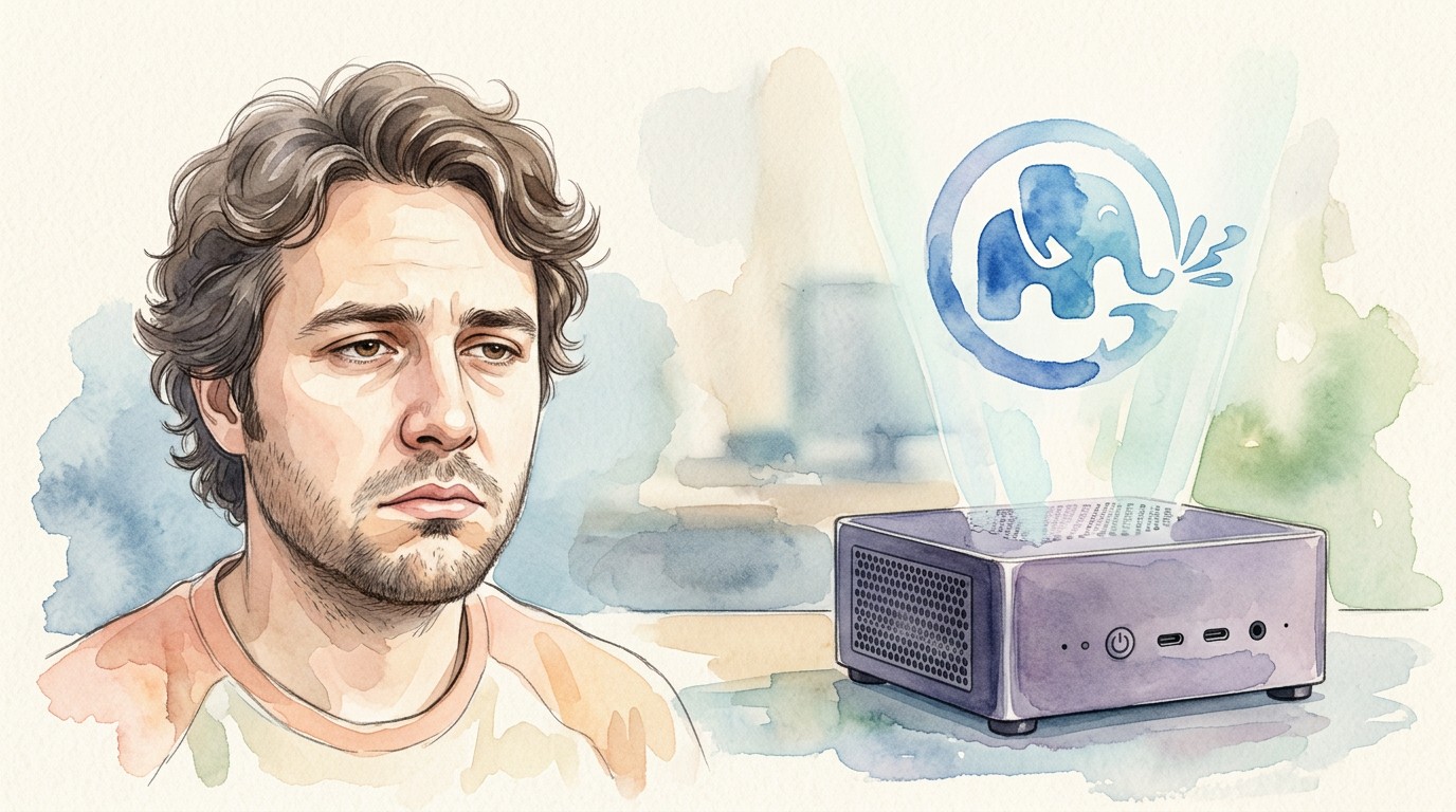Watercolour illustration: a tired, unimpressed me on the left, my mini-PC on the right with the GLM logo rising out of it